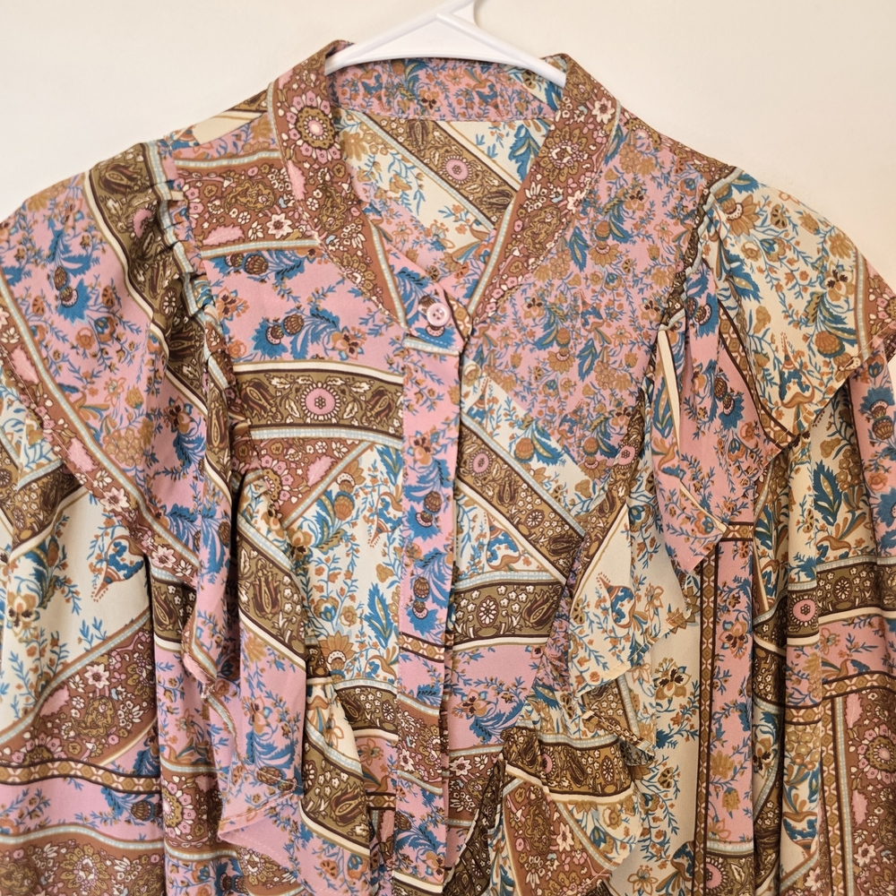 Vintage-Inspired Floral Patchwork Blouse in Pink and Brown